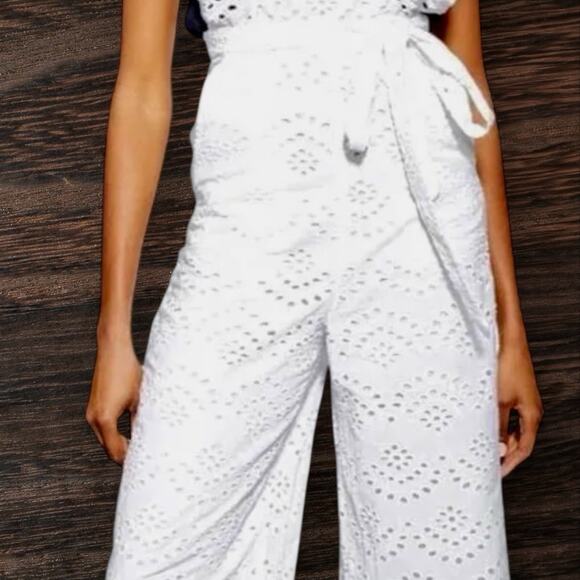 Topshop Overalls NEW w Tags Sz 2 Wide Legs Eyelet Apron Tie Waist Ruffle White - Picture 5 of 12